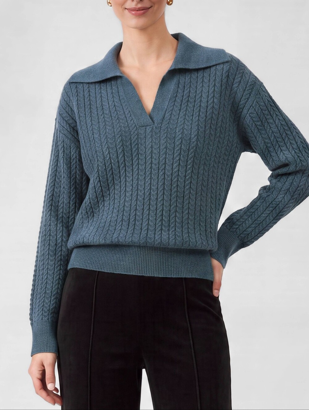 Current Air Cable-Knit V‑Neck Sweater in Slate Blue